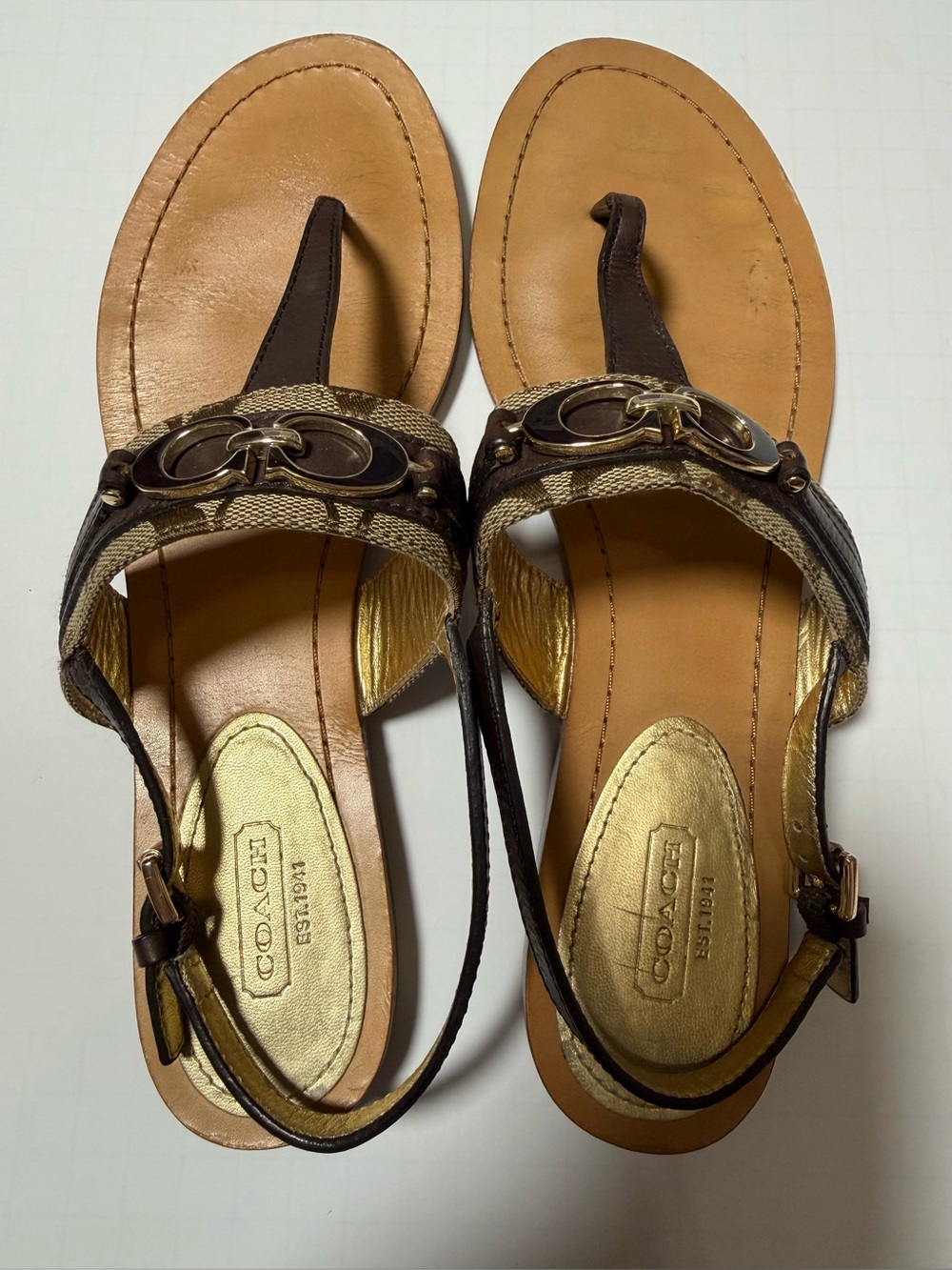 Coach Sammy T-strap Sandal Brown Gold Size 11 - Picture 2 of 8